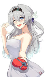  :d absurdres bare_shoulders black_hairband blue_eyes blue_hair blue_pupils blush bow box box_of_chocolates commentary cowboy_shot crossed_bangs dress female firefly_(honkai:_star_rail) from_side gradient_hair grey_hair hair_between_eyes hair_intakes hair_ribbon hairband hairbow half-heart_hands hand_up heart-shaped_box highres holding holding_box honkai:_star_rail honkai_(series) incoming_gift kagurachi long_hair looking_at_viewer multicolored_hair one_eye_closed one_side_up open_mouth outstretched_arm pink_eyes pleated_dress purple_ribbon ribbon signature simple_background sleeveless sleeveless_dress smile solo two-tone_eyes valentine white_background white_bow white_dress 