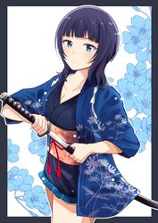  asaka_karin blue_border blue_eyes blue_flower blue_hair blue_kimono blunt_bangs border breasts cleavage closed_mouth collarbone commentary_request female flower haori highres holding holding_sword holding_weapon japanese_clothes katana kimono looking_at_viewer love_live! love_live!_nijigasaki_high_school_idol_club medium_breasts medium_hair mole mole_on_collarbone obi outline rrtp sash sheath sidelocks solo standing sword unsheathing upper_body weapon white_outline 