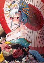  alternate_costume alternate_hairstyle animal_ears blue_hair blue_nails breasts cleavage female flower hair_flower hair_ornament highres holding holding_umbrella horse_ears horse_girl horse_tail japanese_clothes kimono kitsune_yuki large_breasts long_hair mejiro_ardan_(umamusume) oil-paper_umbrella oiran purple_eyes shy solo tail umamusume umbrella 