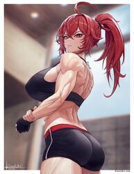  ahoge bare_shoulders blurry blurry_background border breasts closed_mouth female fingerless_gloves gloves goddess_of_victory:_nikke high_ponytail highres indoors muscular muscular_female nihilister_(nikke) red_eyes red_hair short_shorts shorts signature sivarkart solo sports_bra white_border 