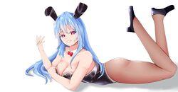  absurdres animal_ears black_footwear black_leotard blue_hair breasts bright_pupils cleavage commentary english_commentary female from_side full_body ginari high_heels highres hinanawi_tenshi large_breasts leotard long_hair looking_at_viewer parted_lips playboy_bunny rabbit_ears red_eyes simple_background solo touhou variant_set white_background white_pupils 