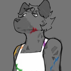  1:1 anthro blue_paint canid canine clothed clothing digital_media_(artwork) green_paint hyena low_res male mammal orange_paint paint paint_on_clothing paint_on_face paint_on_self presto_agitato purple_paint red_paint solo yellow_paint 