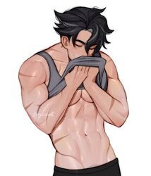  1boy absurdres artist_name bara bare_pectorals black_hair black_pants closed_eyes clothes_lift genshin_impact grey_hair grey_tank_top highres large_pectorals male_focus muscular muscular_male navel pants pectorals scar scar_on_arm short_hair simple_background sippycupart solo tank_top white_background wriothesley_(genshin_impact) 