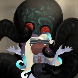  aqua_hair arms_up black_hair bodysuit breasts closed_mouth commentary dark-skinned_female dark_skin english_commentary female gradient_hair grey_background grey_bodysuit head-mounted_display highres jelleton kraken long_hair marina_(splatoon) mole mole_under_mouth multicolored_hair octoling overlorder_(splatoon) red_eyes splatoon_(series) splatoon_3 splatoon_3:_side_order spoilers tentacle tentacle_hair two-tone_hair vincenciel 