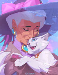  2024 accessory anthro blue_eyes clothed clothing collar disney domestic_cat duchess_(aristocats) duo ear_piercing ear_ring felid feline felis female fur hair human jewelry kyander madame_adelaide_bonfamille mammal necklace piercing ring_piercing the_aristocats white_body white_fur white_hair 