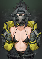  animal_ears arknights bikini black_bikini black_hair black_hairband bodysuit breasts cat_ears cat_girl cat_mask cokuto1 facing_viewer female gas_mask hairband jessica_(arknights) jessica_(iron_block)_(arknights) looking_at_viewer mask masked navel open_bodysuit open_clothes ponytail sweat swimsuit upper_body 