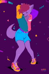  2023 80&#039;s_theme 80s_clothing absurd_res andre_moraph andre_moraph_(artist) anthro belt big_ears black_nose bottomwear brown_eyebrows brown_hair canid canine canis cheek_tuft closed_eyes clothing cutoffs dancing denim denim_bottomwear denim_clothing digital_drawing_(artwork) digital_media_(artwork) eyebrows facial_tuft footwear full-length_portrait fur glowing glowing_body glowing_fur glowing_hair hair hands_behind_head hi_res highlights_(coloring) inner_ear_fluff jacket lineless male mammal multicolored_clothing multicolored_footwear multicolored_jacket multicolored_shoes multicolored_topwear pins portrait purple_background purple_belt purple_body purple_ears purple_fur purple_tail shoes shorts signature simple_background solo tail topwear tuft wolf 