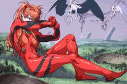  4others blue_eyes bodysuit breasts brown_hair evangelion_(mecha) fallen_angel_(painting) female fine_art_parody flying full_body giant giantess hair_ornament highres interface_headset long_hair mass_production_eva medium_breasts multiple_others neon_genesis_evangelion parody pilot_suit plugsuit red_bodysuit science_fiction serious shiny_clothes simple_background souryuu_asuka_langley the_end_of_evangelion wings wwggqqmm 