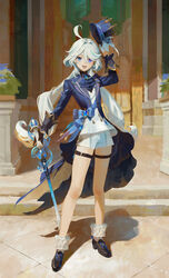  :d ahoge ascot asymmetrical_gloves black_footwear black_gloves blue_ascot blue_eyes blue_hat blue_jacket brooch cane concealed_weapon day drop-shaped_pupils female full_body furina_(genshin_impact) genshin_impact gloves grey_hair hair_intakes hat hat_tip heterochromia high_heels highres holding holding_cane holding_clothes holding_hat jacket jewelry long_hair long_sleeves looking_at_viewer low_twintails mismatched_gloves mismatched_pupils omegu open_clothes open_jacket open_mouth outdoors shadow shorts smile solo splendor_of_tranquil_waters_(genshin_impact) sword_cane symbol-shaped_pupils thigh_strap top_hat twintails weapon white_gloves white_shorts 