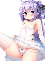  azur_lane bare_shoulders black_ribbon blush bow bow_panties breasts clothes_lift detached_sleeves dombear dress female hair_bun highres leg_up lifting_own_clothes long_hair looking_at_viewer one_side_up panties purple_eyes purple_hair ribbon single_hair_bun single_side_bun small_breasts solo standing thighhighs thighs underwear unicorn_(azur_lane) very_long_hair white_background white_dress white_panties white_sleeves white_thighhighs 