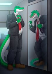  absurd_res alligator alligatorid altered_reflection anthro beer_bottle black_bottomwear black_clothing black_pants bottle bottomwear business_suit chair clock clothing container cregon crocodile crocodilian crocodylid dress_shirt furniture hi_res male mirror mirror_reflection necktie office office_chair pants redgreendied reflection reptile scalie shaded shirt solo substance_intoxication suit topwear watch wristwatch yellow_eyes 