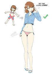  ? adapted_costume arrow_(symbol) bare_legs bikini brown_eyes brown_hair checkmark collarbone collared_shirt commentary cropped_shirt denim denim_shirt denim_shorts earrings english_commentary english_text female full_body hand_up highres jewelry light_blush long_sleeves looking_at_viewer midriff nail_polish navel omniformblue open_mouth persona persona_3 pink_bikini pink_nails sandals shirt short_hair shorts side-tie_bikini_bottom signature simple_background solo standing stomach stud_earrings swept_bangs swimsuit toenail_polish toenails toes white_background x yukari_takeba 