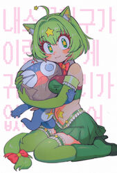  1boy ahoge animal_ears bad_id bad_pixiv_id batrobin_k blush boots bow bowtie breasts cat_ears character_request crop_top dororo_(keroro_gunsou) female green_eyes green_footwear green_hair green_skirt green_thighhighs high_heel_boots high_heels highres keroro keroro_gunsou large_breasts looking_at_viewer personification pleated_skirt red_bow red_bowtie short_hair skirt smile star-shaped_pupils star_(symbol) symbol-shaped_pupils thighhighs 