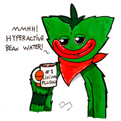  1:1 absurd_res animate_inanimate bandana belly beverage black_eyes coffee coffee_mug container cup dialogue drinking english_text fan_character fur furred_monster glury_the_unown gnarly_charly_(character) green_body green_fur happy hi_res holding_object humanoid humor kerchief lips living_plushie male mob_entertainment mohawk monster neckerchief noseless plushie poppy_playtime red_lips simple_background smile solo stitch_(sewing) text thick_lips traditional_media_(artwork) white_background white_belly 