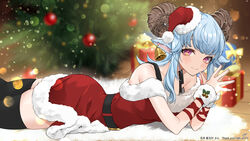  animal_ears bell bell_earrings belt black_belt black_thighhighs blue_hair blurry blurry_background box breasts christmas_ornaments christmas_tree closed_mouth collarbone commission dress earrings female fur-trimmed_dress fur-trimmed_headwear fur_trim gift gift_box hat highres holly horns indie_virtual_youtuber jewelry k_(art71) kayou_honoka lying mini_hat mini_santa_hat on_stomach pom_pom_(clothes) purple_eyes red_dress red_hat red_ribbon ribbon santa_hat sheep_ears sheep_girl sheep_horns sidelocks skeb_commission solo thank_you thighhighs twitter_username virtual_youtuber wrist_ribbon 