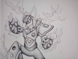  2018 4:3 angry anthro antlers biped capcom clenched_teeth deer elemental_manipulation fire fire_antlers fire_manipulation flame_stag flamethrower front_view halu horn logo machine male mammal maverick_(mega_man) mega_man_(series) mega_man_x_(series) metal monochrome portrait pose ranged_weapon reploid robot shaded solo step_pose teeth three-quarter_portrait traditional_media_(artwork) weapon 