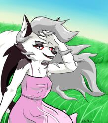  absurd_res anthro arm_tuft black_nails black_nose canid canid_demon canine canis cheek_tuft chest_tuft clothing colored_nails demon dress eyebrow_piercing eyelashes facial_piercing facial_tuft female fur grass grey_body grey_fur grey_hair hair half_dime hellhound helluva_boss hi_res inner_ear_fluff loona_(helluva_boss) mammal mythological_canine mythological_creature mythology nails notched_ear piercing pink_clothing pink_dress plant red_eyes shoulder_tuft smile smiling_at_viewer solo sundress tail teeth translucent translucent_clothing tuft white_body white_fur wind wolf 