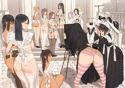  &gt;_&lt; 6+girls ahoge apron ass ass_cutout black_bra black_dress black_eyes black_footwear black_garter_belt black_hair black_panties black_thighhighs blonde_hair blue_eyes blush bra breasts brown_hair building closed_eyes closed_mouth clothes_lift clothing_cutout commentary dark-skinned_female dark_skin dress edea_(throtem) elliot_(throtem) english_commentary from_behind garter_belt glasses grey_hair hair_between_eyes hat high_heels highres horizontal-striped_thighhighs kana_(throtem) kei_(throtem) large_breasts lifting_another&#039;s_clothes lily_(throtem) long_hair maid martha_(throtem) matilda_(throtem) mirna_(throtem) mob_cap multiple_girls original outdoors panties pantyhose pink_hair pink_panties pink_thighhighs rosemary_(throtem) saki_(throtem) sara_(throtem) sidelocks skirt skirt_lift small_breasts smile standing straight_hair striped_clothes striped_thighhighs taking_picture thighhighs thighs thong throtem tiana_(throtem) torako_(throtem) underwear victorian_maid wavy_hair white_apron white_bra white_garter_belt white_headwear white_panties white_thighhighs yellow_eyes yuri_(throtem) 