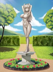  absurdres arms_behind_head arms_up breasts cloud completely_nude demon_girl demon_horns female flower garden grass hedge highres hololive horns large_breasts long_hair looking_at_viewer navel nipples nude pedestal petrification rose saikunartworks standing statue sunlight tree virtual_youtuber yuzuki_choco 