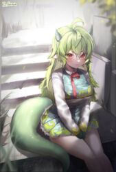  :3 absurdres ahoge bare_legs between_legs blush breasts closed_mouth commission dragon_girl dragon_horns dragon_tail female frilled_skirt frills garam_(ryeoubi) green_horns green_skirt green_tail green_vest hair_between_eyes hanbok hand_between_legs highres horns jacket korean_clothes large_breasts light_smile long_hair long_sleeves looking_at_viewer multicolored_clothes original pointy_ears red_eyes red_ribbon ribbon sitting skirt small_horns solo stairs stone_stairs sukiyaki_kinoko tail vest white_jacket 