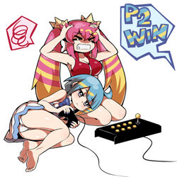  &gt;_&lt; 2girls arcade_stick barefoot blue_hair breasts cleavage clenched_teeth closed_eyes controller diti_(selecta) duel_monster feet game_controller hands_on_own_head hitbox holding holding_controller holding_game_controller joystick ki-sikil_(yu-gi-oh!) lap_pillow large_breasts lil-la_(yu-gi-oh!) live_twin_ki-sikil live_twin_lil-la long_hair medium_hair multiple_girls nail panties pantyshot pink_hair purple_eyes seiza simple_background sitting soles spoken_squiggle squiggle teeth toes twintails underwear white_background white_panties yu-gi-oh! yuri 