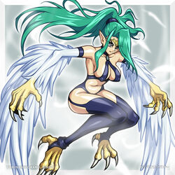  artist_name bare_shoulders breasts circlet cleavage commentary_request duel_monster feathered_wings feathers female green_hair grey_eyes harpie_queen harpy large_breasts long_hair monster_girl navel pointy_ears ponytail revealing_clothes rindou_akira solo talons thighhighs white_feathers white_wings winged_arms wings yu-gi-oh! 