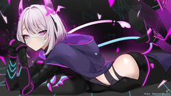  ass black_cape black_footwear black_gloves black_leotard black_pants breasts bright_pupils cape commission elbow_gloves female gloves grey_cape grey_hair head_wings highres hood hood_down hooded_cape horns indie_virtual_youtuber k_(art71) large_breasts leotard lying mechanical_arms motherv3 neon_trim on_stomach pants purple_eyes purple_horns short_hair skeb_commission solo thank_you twitter_username two-sided_cape two-sided_fabric virtual_youtuber white_pupils wings 