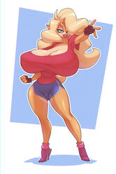  2024 activision anthro bandicoot big_breasts bigdad blonde_hair blue_hotpants boots bottomwear breasts cleavage clothed clothing crash_(series) dolphin_shorts female fingerless_gloves footwear fur gloves hair hair_over_eye handwear high_heeled_boots high_heels hotpants huge_breasts long_hair looking_at_viewer mammal marsupial nipple_outline one_eye_obstructed red_clothing red_shirt red_topwear shaded shirt shorts simple_background solo tan_body tan_fur tawna_bandicoot topwear 