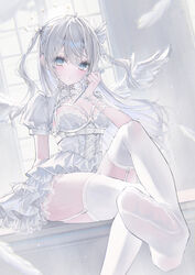  absurdres angel angel_wings blue_eyes choker cross cross_necklace dagger dress dutch_angle feathers female frilled_dress frills garter_belt garter_straps gradient_eyes grey_eyes grey_hair hair_between_eyes highres hiuzawa_reira holding holding_dagger holding_knife holding_weapon indie_virtual_youtuber jewelry knife multicolored_eyes necklace no_shoes noah_(0noah) pantyhose presenting_foot puffy_short_sleeves puffy_sleeves ribbon short_sleeves soles thighs virtual_youtuber weapon white_choker white_dress white_hair white_theme window wings wrist_ribbon zettai_ryouiki 