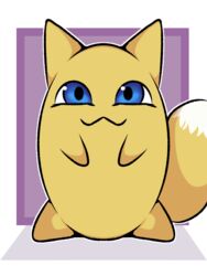  3:4 anthro bandai_namco blue_eyes canid canine canis digimon digimon_(species) fluffy fox fox_tail fur looking_at_viewer male mammal round_body sitting skade_(artist) smile solo viximon yellow_body yellow_fur 