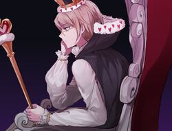  16_(0xhsk16) 1boy alternate_costume arm_support black_background blonde_hair brown_hair commentary_request crown danganronpa:_trigger_happy_havoc danganronpa_(series) from_side frown glasses gradient_background heart heart_print highres holding holding_scepter king korean_commentary long_sleeves male_focus profile protected_link puffy_sleeves purple_background royal_robe scepter shirt short_hair sitting solo throne togami_byakuya upper_body white_shirt 