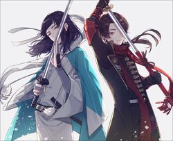  2boys blue_eyes blue_hair brown_hair commentary_request headband japanese_clothes kashuu_kiyomitsu kashuu_kiyomitsu_(kiwame) long_hair looking_at_viewer male_focus multiple_boys ponytail pose red_eyes scarf smile sword touken_ranbu weapon yamada_chickenko yamato-no-kami_yasusada yamato-no-kami_yasusada_(kiwame) 