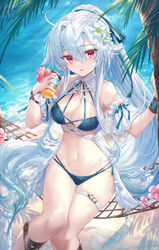  absurdres arm_garter bad_id bad_pixiv_id bare_shoulders beach belt bikini blush breasts buckle cleavage commentary_request cross-laced_clothes day drink drinking_straw dripping female flower frilled_garter frills gradient_hair green_bikini green_hair hair_ribbon halterneck hammock hands_up hibiscus highres holding holding_drink long_hair looking_at_viewer medium_breasts multi-strapped_bikini multicolored_hair navel ocean open_clothes original outdoors palm_tree parted_lips pink_flower ponytail red_eyes ribbon shichigatsu sitting solo stomach swimsuit swing swinging thigh_belt thigh_gap thigh_strap thighs tree tropical_drink twintails two-tone_hair very_long_hair wavy_hair wet white_belt white_hair 