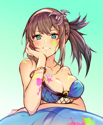  bikini black_hair blue_bikini blue_eyes bracelet breasts female gradient_background granblue_fantasy hairband head_rest illnott_(granblue_fantasy) illnott_(summer)_(granblue_fantasy) jewelry large_breasts official_alternate_costume paint_splatter paint_splatter_on_face smile swimsuit yu_kitsune 