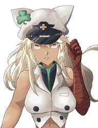  bad_id bad_pixiv_id bandaged_arm bandages blonde_hair breasts chikoinochi clover dark-skinned_female dark_skin female four-leaf_clover guilty_gear guilty_gear_strive hat highres military_hat ramlethal_valentine red_bandage white_headwear yellow_eyes 