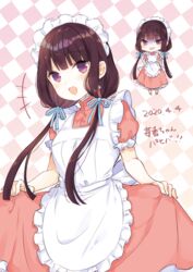  :o apron argyle_background blend_s blue_ribbon commentary_request dress female hair_ribbon long_hair looking_at_viewer low_twintails maid_headdress pink_dress protected_link puffy_short_sleeves puffy_sleeves purple_eyes ribbon saiki_yuzuri sakuranomiya_maika short_sleeves simple_background skirt_hold stile_uniform twintails waitress 