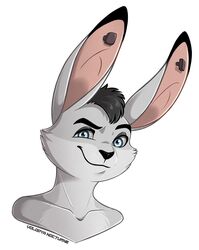  anthro artist_name bust_portrait countershading ear_piercing fur grey_body grey_fur grey_wool grin hair lagomorph leporid long_ears male mammal piercing portrait rabbit smile solo volodyanocturne wool_(fur) 