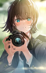  aqua_eyes bag black_necktie blush brown_hair camera collared_shirt crying female highres holding holding_camera looking_at_viewer necktie original rain shirt short_hair single-lens_reflex_camera solo streaming_tears sunlight sweater_vest tears yukimaru_nun 