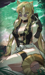  absurdres animal_ears arknights bare_shoulders black_choker black_gloves black_one-piece_swimsuit blonde_hair breasts center_opening changpan_hutao choker clothes_around_waist commentary feet_out_of_frame female gloves green_eyes highres long_hair looking_at_viewer looking_over_eyewear medium_breasts no_headwear official_alternate_costume one-piece_swimsuit partially_fingerless_gloves sand shirt shirt_around_waist sideboob single_glove sitting smile solo sunglasses swimsuit swire_(arknights) tail thigh_strap thighs tiger_ears tiger_girl tiger_tail water white_shirt 