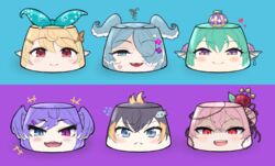  6+girls :&gt; :3 :d anger_vein black_hair blonde_hair blue_background blue_bow blue_eyes blue_hairband blush bow closed_mouth crown earrings elira_pendora evil_smile fangs finana_ryugu fins fish_girl fish_hair_ornament flower food foodification hair_flower hair_ornament hair_over_one_eye hairband hairbow hairclip head_fins head_wings heterochromia jewelry lazulight looking_at_viewer multicolored_hair multiple_girls nijisanji nijisanji_en obsydia_(nijisanji) one_eye_covered open_mouth petra_gurin pink_hair plant pointy_ears pomu_rainpuff psycho_orb pudding purple_background purple_eyes purple_hair red_eyes red_flower red_rose rose rosemi_lovelock selen_tatsuki shaded_face simple_background slit_pupils smile tears thorns two-tone_background two-tone_hair vines virtual_youtuber wings 