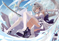  absurdres ahoge bad_id bad_pixiv_id blurry blurry_background boots breasts bride convenient_censoring dual_wielding earrings female grey_hair highres holding holding_sword holding_weapon ice jewelry lazgear long_hair medium_breasts no_bra official_alternate_costume ponytail saki_fuwa_(tower_of_fantasy) solo sword thigh_boots thighhighs tower_of_fantasy weapon white_thighhighs yellow_eyes 