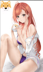  :o absurdres ahoge arisugawa_natsuha bare_legs bare_shoulders blush bra breasts brown_eyes canine cleavage collarbone cup feet_out_of_frame female highres holding holding_cup idolmaster idolmaster_shiny_colors knee_up long_hair looking_at_viewer medium_breasts mippei mug off_shoulder open_clothes open_shirt panties parted_lips purple_bra purple_ribbon red_hair ribbon see-through shirt short_sleeves side-tie_panties simple_background sitting solo strap_slip thighs underwear very_long_hair white_background white_shirt 