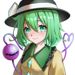  absurdres ailu_elf black_hat blush chinese_commentary commentary female frilled_shirt_collar frills gradient green_eyes green_hair hair_between_eyes hat hat_ribbon heart heart_of_string highres komeiji_koishi looking_at_viewer ribbon shirt short_hair simple_background smile solo third_eye touhou upper_body white_background yellow_shirt 