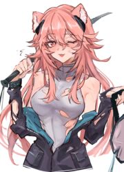  ;d animal_ears arknights bare_shoulders black_jacket earpiece female gravel_(arknights) grey_shirt highres holding holding_sword holding_weapon jacket off_shoulder one_eye_closed open_clothes open_jacket open_mouth over_shoulder pink_eyes pink_hair shino_duka shirt simple_background sleeveless sleeveless_shirt smile solo sword torn_clothes torn_shirt upper_body weapon weapon_over_shoulder white_background 