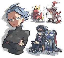  1boy ahoge black_coat black_footwear black_headwear black_pants black_shirt breasts bright_pupils coat commentary_request covered_collarbone cropped_torso crossed_arms cyllene_(pokemon) female grey_eyes grey_hair hat high_collar hisuian_zorua ingo_(pokemon) long_sideburns pants partial_commentary peaked_cap pearl_clan_outfit pokemon pokemon_(creature) pokemon_legends:_arceus shadow shirt shoes short_hair sideburns sitting sneasler tirarizun translated trench_coat upper_body white_pupils wurmple 