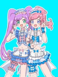  2girls :d akaneya_himika apron argyle_bow argyle_clothes argyle_skirt blue_background blue_bow blue_bowtie blue_eyes bow bow_choker bowtie choker crop_top frilled_apron frilled_skirt frills green_eyes hairbow hayashi_coco highres idol kiratto_pri_chan lambda9000 large_bow light_purple_hair maid_headdress manaka_laala midriff momoyama_mirai multicolored_clothes multicolored_skirt multiple_girls navel open_mouth pink_bow pink_bowtie pink_hair pretty_series pripara skirt smile summer_maid_coord waist_apron white_apron white_bow white_skirt wrist_cuffs 