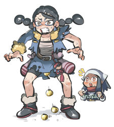  2girls akari_(pokemon) bike_shorts black_footwear black_hair boots bright_pupils brown_eyes clenched_teeth clover_(pokemon) collarbone commentary earrings egg_laying floating_hair galaxy_expedition_team_survey_corps_uniform gameplay_mechanics grey_jacket head_scarf highres jacket jewelry long_hair multi-tied_hair multiple_girls notice_lines nugget_(pokemon) open_clothes open_jacket poke_ball poke_ball_(legends) pokemon pokemon_legends:_arceus red_scarf scarf simple_background squatting sweat teeth tirarizun torn_clothes torn_jacket translated twintails white_background white_pupils 