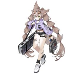  animal_ears animal_nose bag bandaid bandaid_on_leg belt black_belt black_collar black_shirt black_shorts black_socks blue_eyes brown_hair collar collarbone colored_shoe_soles cropped_jacket crossed_bandaids de_lisle_(coyote_blues)_(girls&#039;_frontline) de_lisle_(girls&#039;_frontline) digital_media_player ear_piercing earbuds earphones eyewear_on_head female fishnets full_body furrification furry furry_female game_cg girls&#039;_frontline green_eyes hair_between_eyes heterochromia highres holding holding_bag jacket long_hair looking_at_viewer micro_shorts midriff mole mole_under_eye multicolored_hair navel official_art piercing purple_jacket shirt shoes shopping_bag shorts shoulder_bag simple_background socks solo standing streaked_hair sunglasses tachi-e tail transparent_background unagi_(nakaelric) very_long_hair white_footwear white_hair wolf_ears wolf_girl wolf_tail zipper_pull_tab 