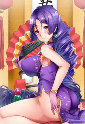  ass bad_id bad_pixiv_id bare_shoulders blush breasts china_dress chinese_clothes dress fate/grand_order fate_(series) female gloves highres large_breasts long_hair looking_at_viewer low-tied_long_hair minamoto_no_raikou_(fate) minamoto_no_raikou_(traveling_outfit)_(fate) parted_bangs purple_dress purple_eyes purple_hair sezok sitting smile thighs very_long_hair wariza 