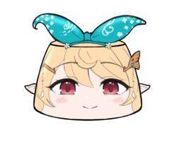  :&gt; blonde_hair blue_bow blue_hairband blush bow closed_mouth female food foodification hair_ornament hairband hairbow hairclip looking_at_viewer nijisanji nijisanji_en pointy_ears pomu_rainpuff pomu_rainpuff_(1st_costume) psycho_orb pudding red_eyes simple_background smile solo transparent_background virtual_youtuber 